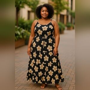 Floral WOMENS MAXI Dress in Black and Cream 🌼